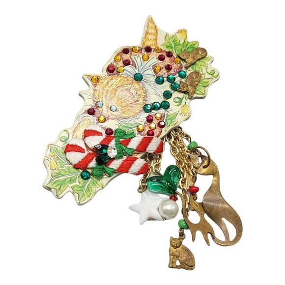 Kitty Cucumber 1984 Christmas Artisan Recycled Dangle Brooch Star Heart Cat - Picture 2 of 4